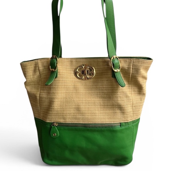 Emma Fox Handbags - Emma Fox Straw Green Soft Pebbled Leather Dual Handles Large Tote Shoulder Bag
